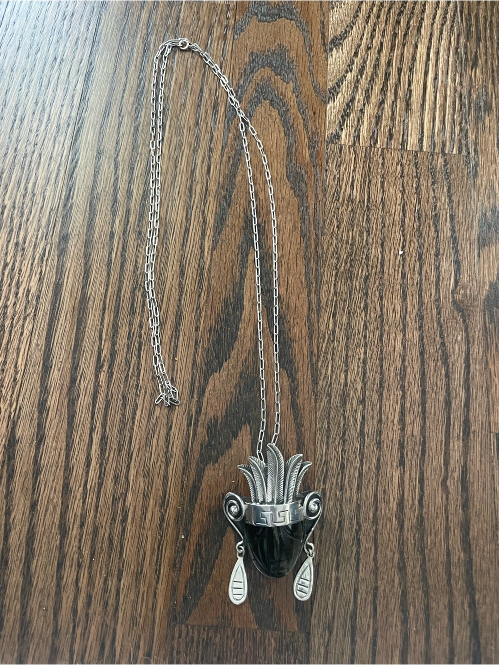 Vintage-Inspired Silver Tone Black Pendant Aztec Necklace